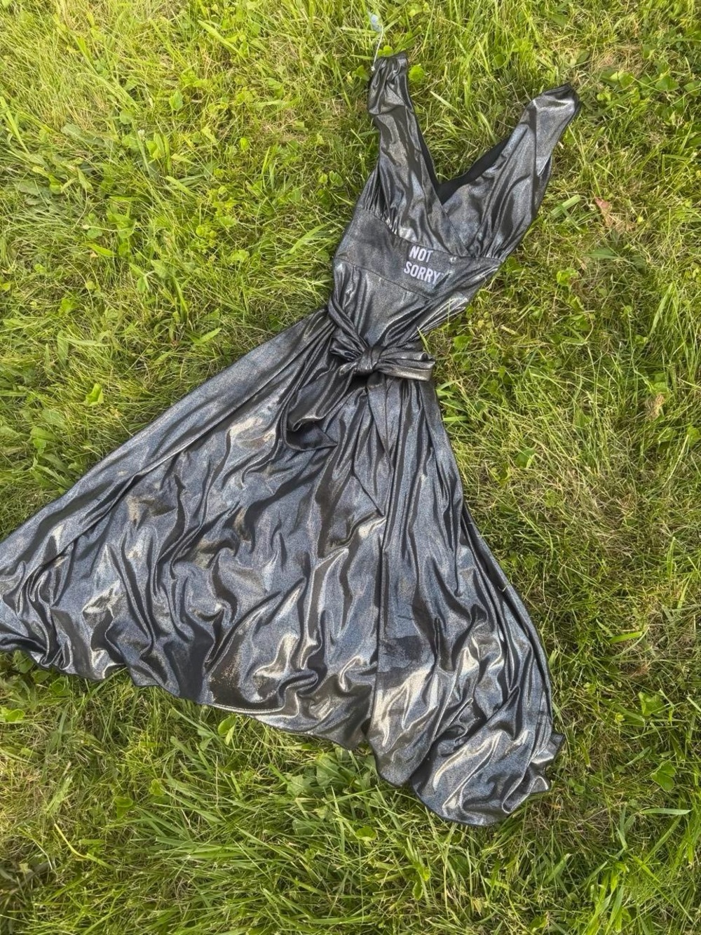 Metallic Black 'Not Sorry' V-Neck Wrap Dress